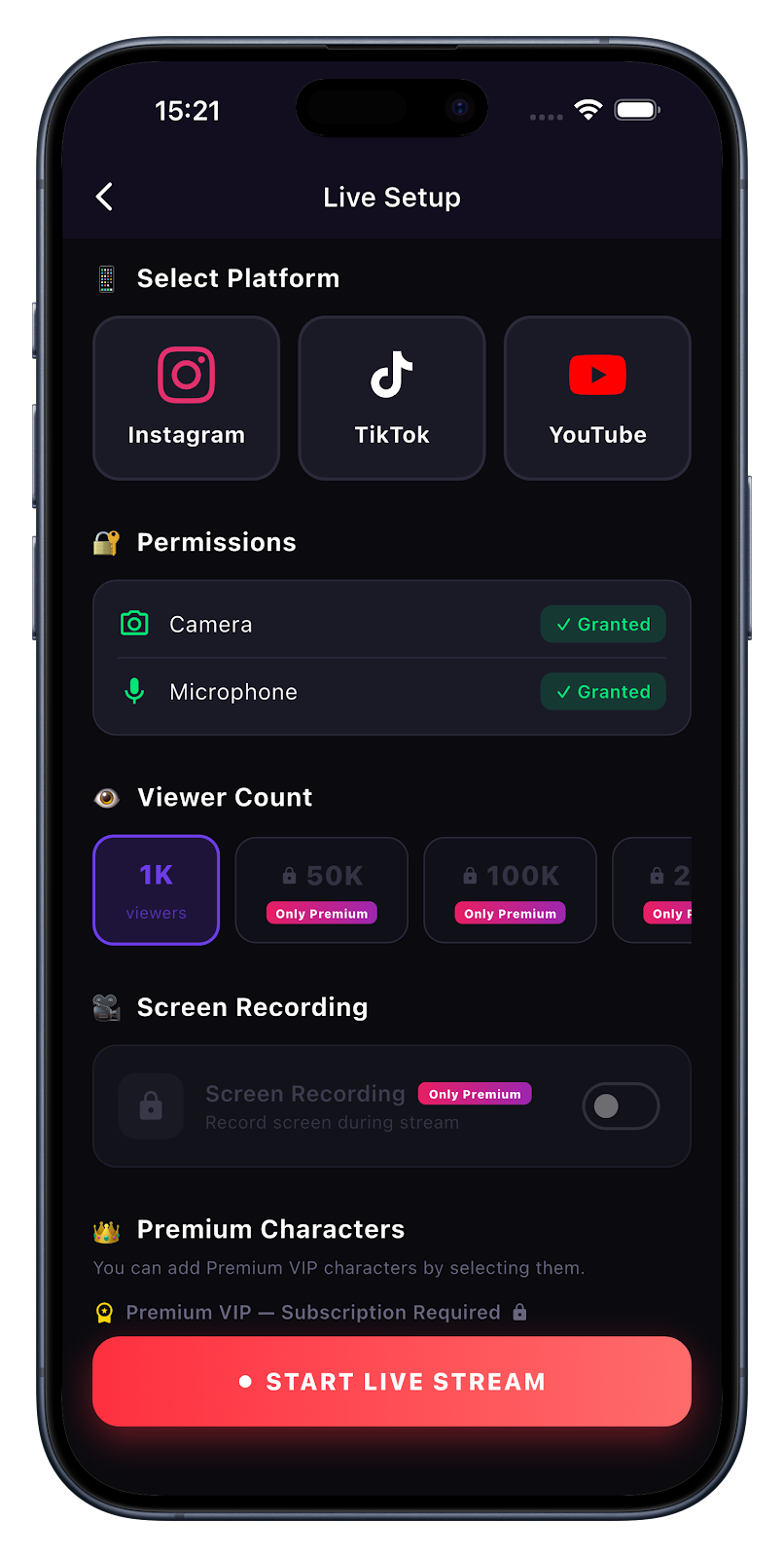 Live setup — pick a platform