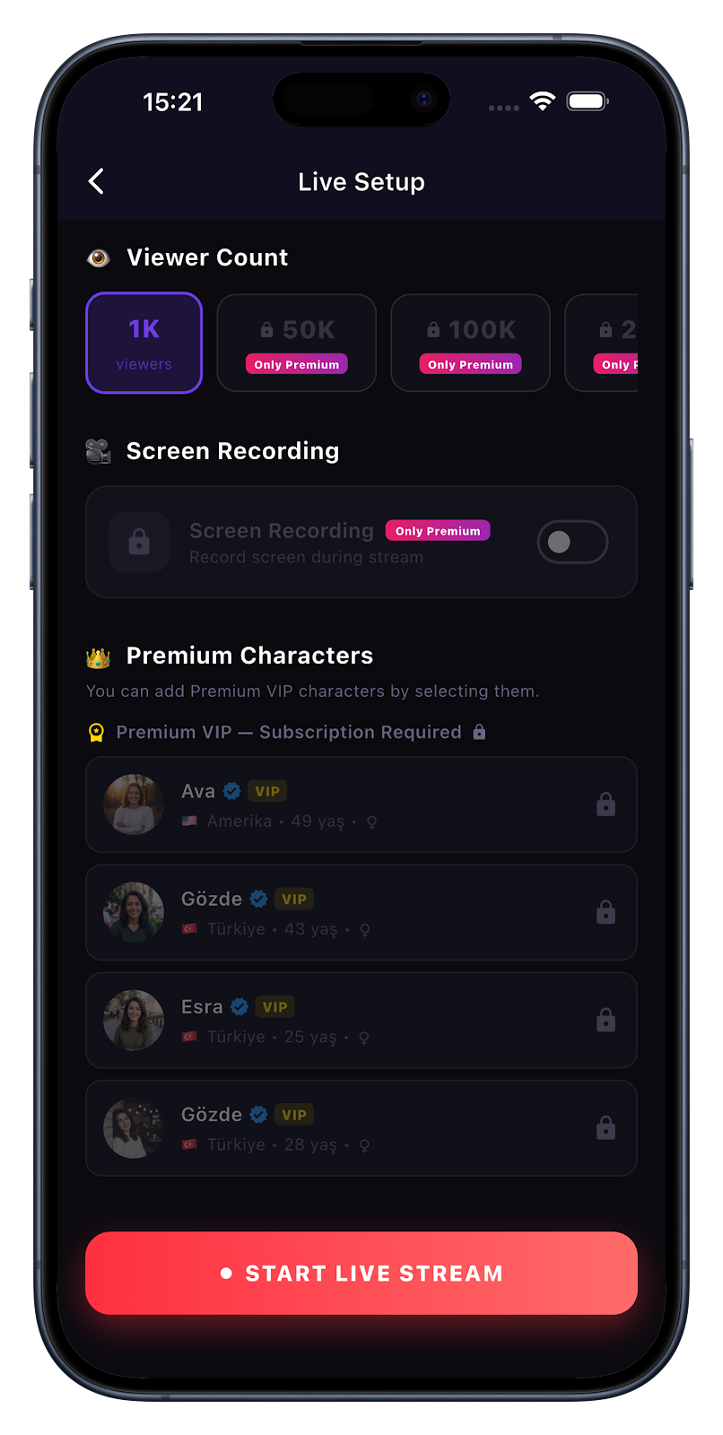 Live setup — viewers and VIPs